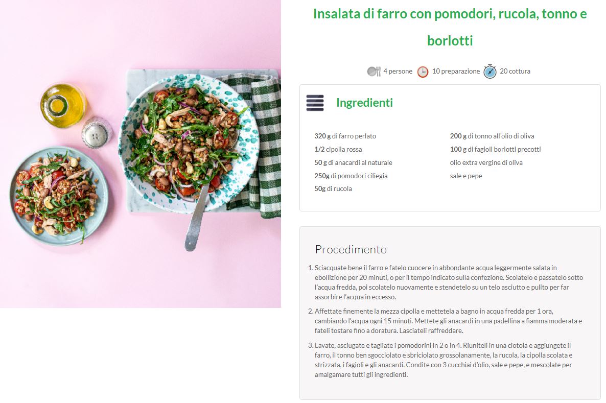 Insalata di farro con pomodori, rucola, tonno e borlotti