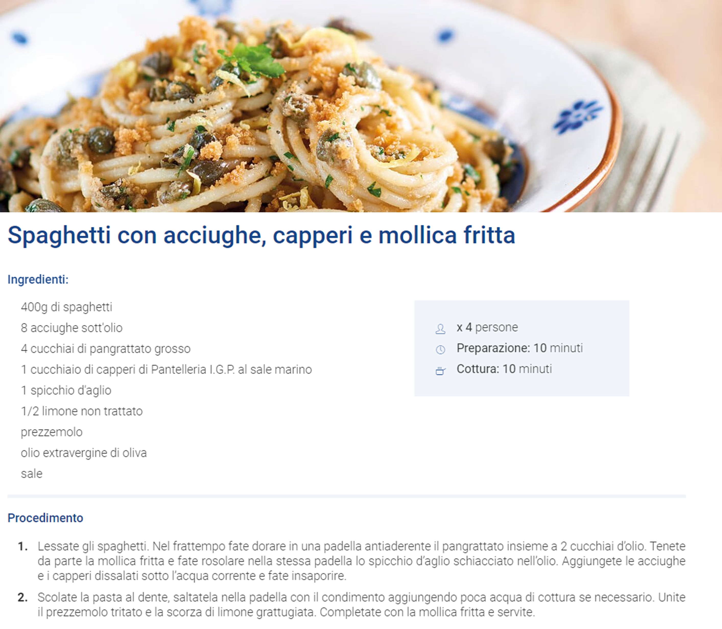 Spaghetti con acciughe, capperi e mollica fritta