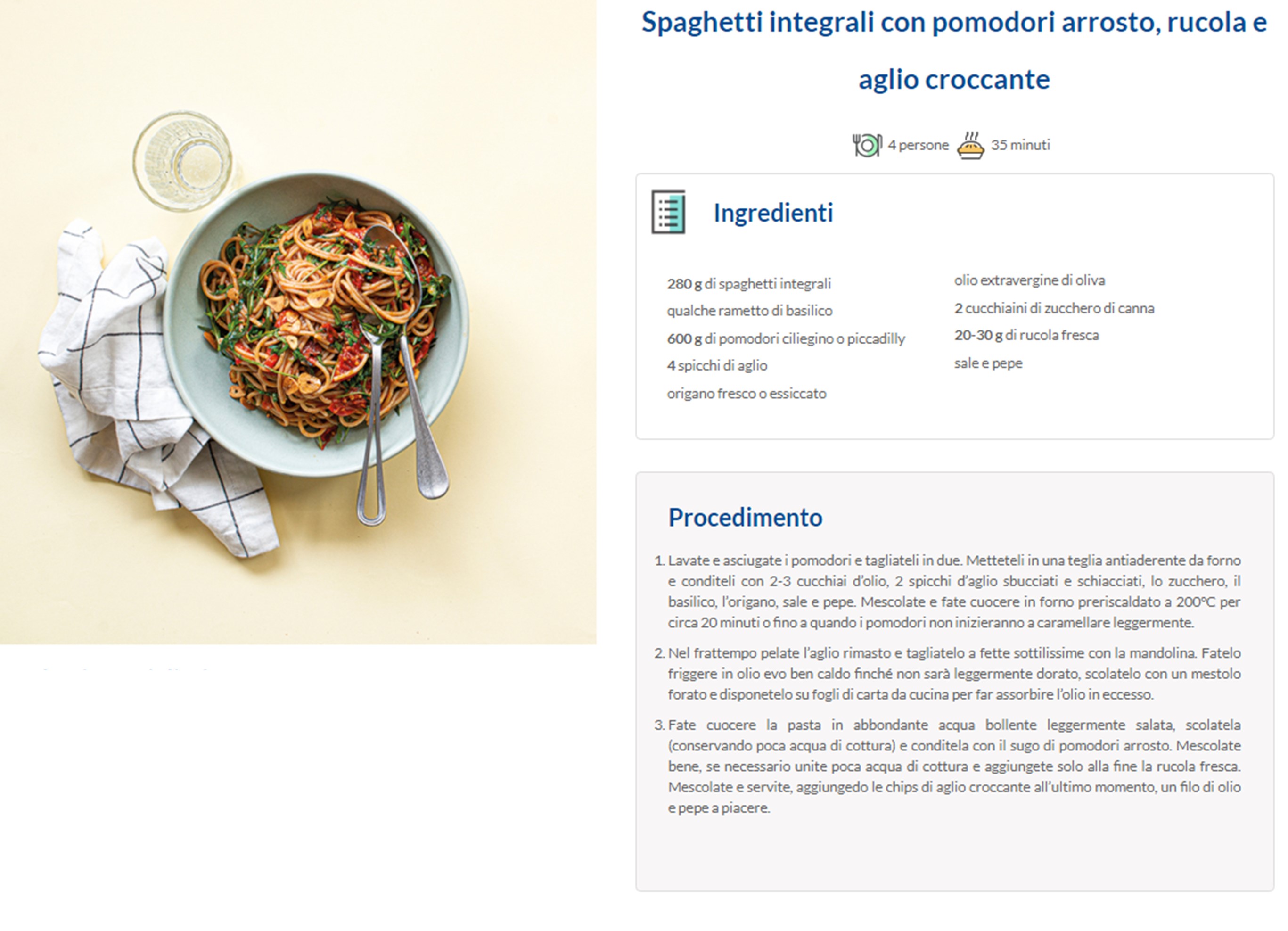 Spaghetti integrali con pomodori arrosto, rucola e aglio croccante